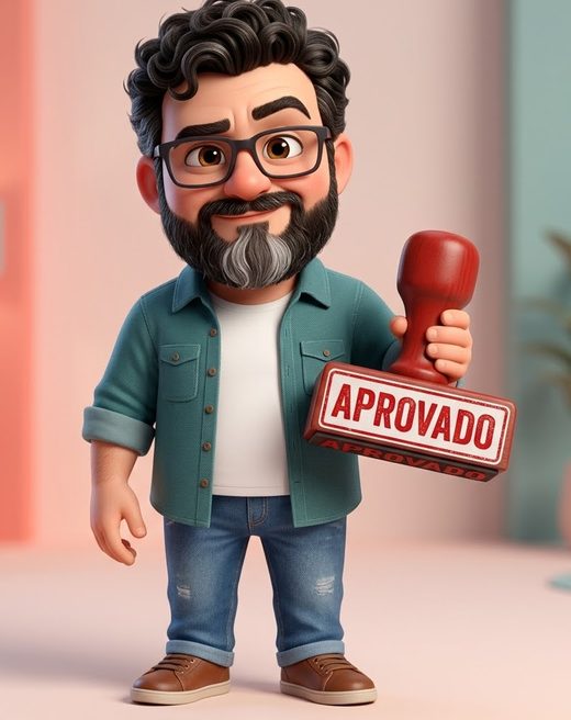 Walter Ravasco em versão de personagem, segurando um carimbo de APROVADO